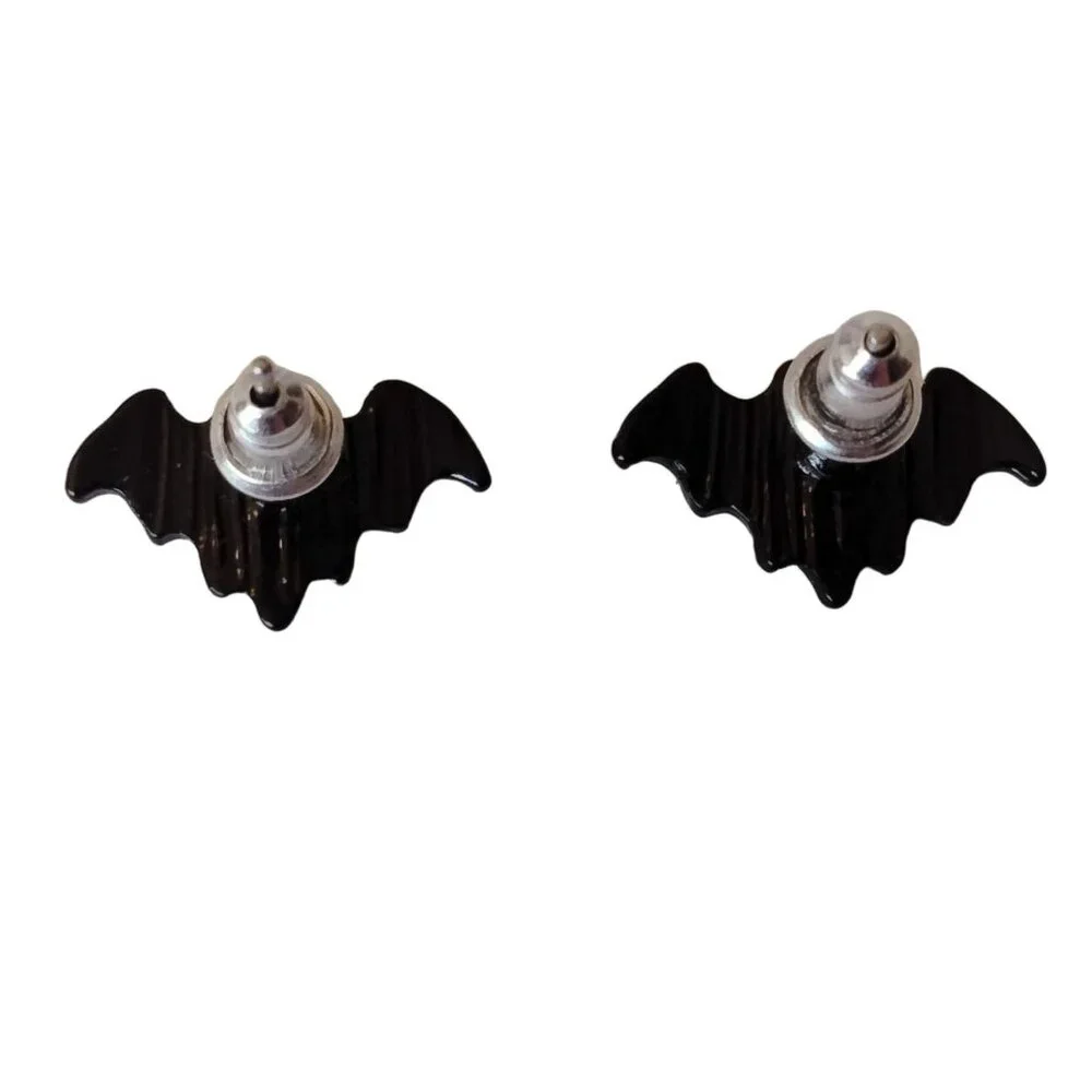 Black Bat Earrings Red Rhinestone Eyes Small Post Goth Halloween